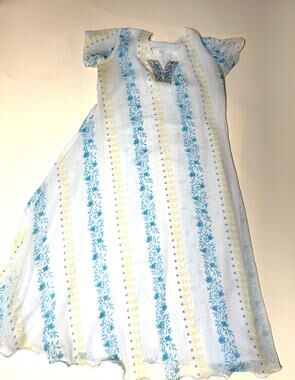 White Blue Floral Maxi Dress Flutter Sleeve Embroidered Neck